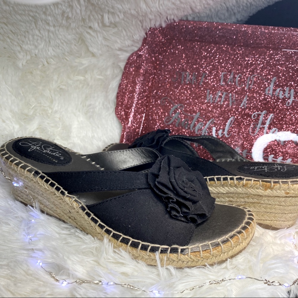 Black slip on sandals wedges